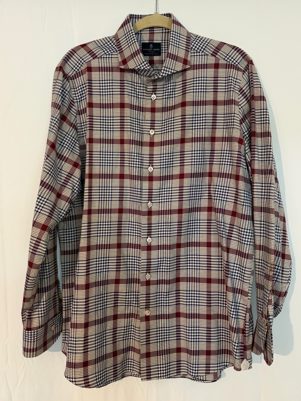 Emanuel Berg Luxury Mens Shirt 43 L XL Modern Fit Glen Plaid Houndstooth Poland
